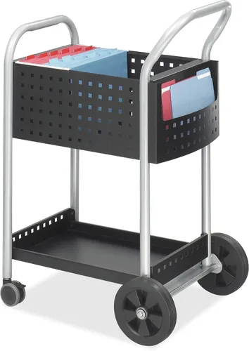 Safco Carro de correo Scoot: diseño de acero duradero con capacidad para hasta 75 carpetas de tamaño legal, ruedas giratorias, detalles plateados y