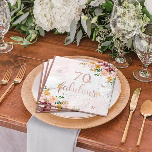 Miniatura 6 de Decoraciones de cumpleaños número 70 para mujer, 40 servilletas de papel falulous de color oro rosa, suministros de fiesta de cumpleaños