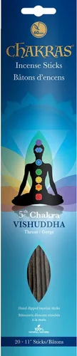 7 chakras - 5 Vishuddha - Garganta - Comunicación - Los aromas primarios son incienso y menta - 11 pulgadas - 1.23 oz - 60 minutos - Varillas de 4s