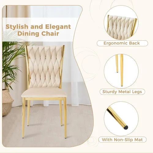 Miniatura 6 de Juego de 2 sillas de comedor de terciopelo, modernas sillas de cocina tejidas con patas de metal dorado, cojín tapizado con respaldo alto
