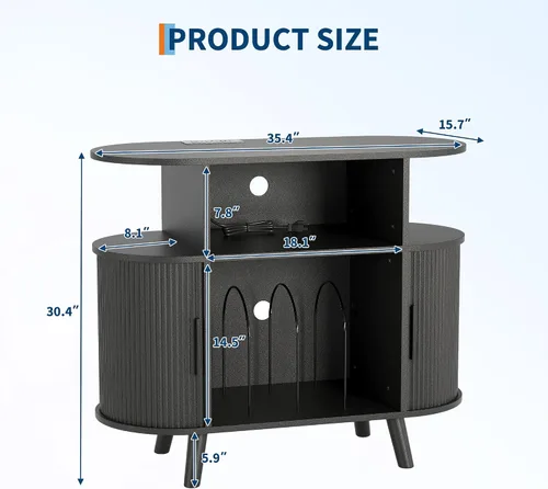 Miniatura 3 de Garvee 35'' Fluted Mid Century Modern Turntable Cabinet, Large Round Record Player Stand with Charging Station and Display Shelf, Arched Wood Record