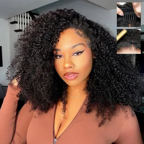 Media peluca de 16 pulgadas rizada tipo afro de cabello humano, 200% de densidad, lista para usar, sin pegamento, pelucas de cabello humano rizado 3