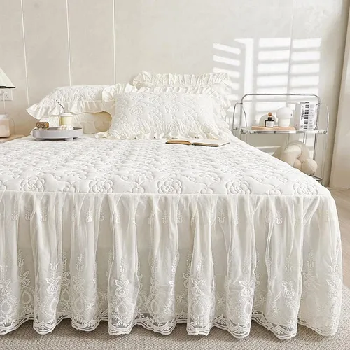 Miniatura 3 de Colcha acolchada de algodón brocado con patrón de flores, falda de cama con volantes, tamaño Queen, beige