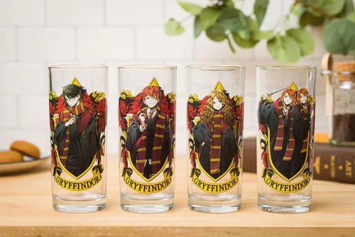 Miniatura 8 de Silver Buffalo Harry Potter Gryffindor Squad con Hermione Granger, Ron Weasley, y Fred y George estilo anime, juego de 4 vasos de vidrio de 10 onzas