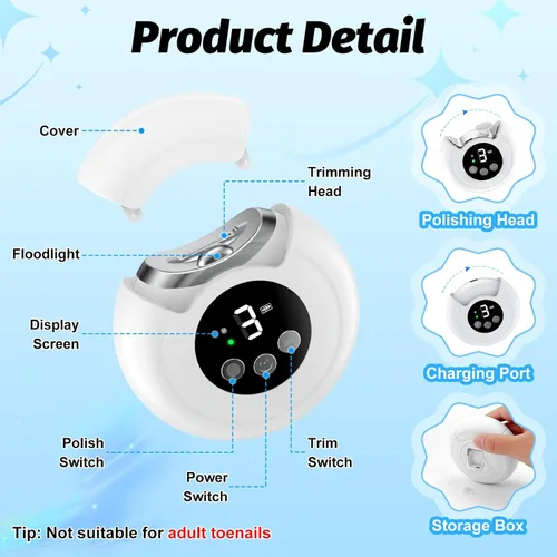 Miniatura 3 de Cortaúñas eléctrico, cortaúñas para bebés con lima y 3 velocidades, recortador de uñas eléctrico para bebés con luz LED y caja de almacenamiento
