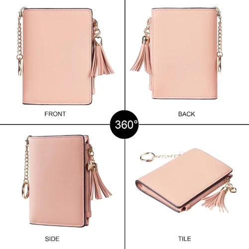 Miniatura 3 de Gostwo Mini cartera pequeña plegable para mujer con borla y bolsillo con cremallera para monedas, Rosa Con Llavero, Moda