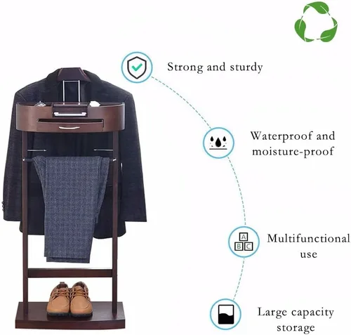 Miniatura 6 de Soporte de valet de madera para trajes, soporte de valet de madera, perchero de pie para ropa de pie con colgador de ropa y riel para pantalones