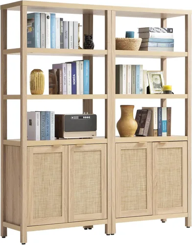 Miniatura 17 de Estantería SICOTAS de 5 niveles, estante de libros de ratán estilo bohemio de 71" de altura con puertas, estantes de almacenamiento, estanterías