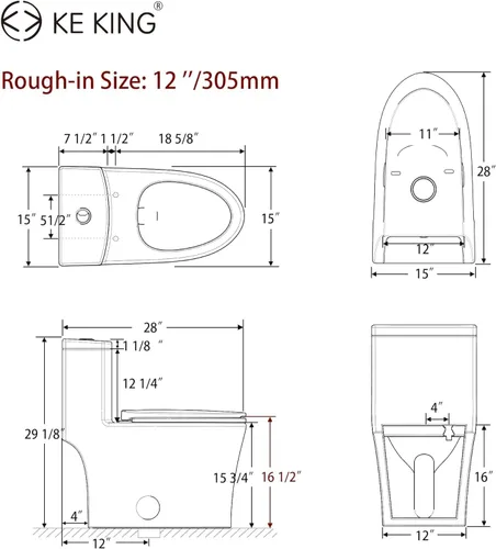 Miniatura 2 de Inodoro alargado de una sola pieza, falda completa y diseño elegante, inodoro de doble descarga potente 0.8/1.28 GPF y MAP 1000g, inodoro de altura