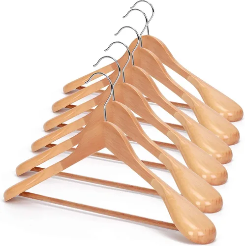 JS HANGER Perchas de madera para trajes, paquete de 6 perchas de madera extra anchas con barra antideslizante para pantalones, acabado natural extra