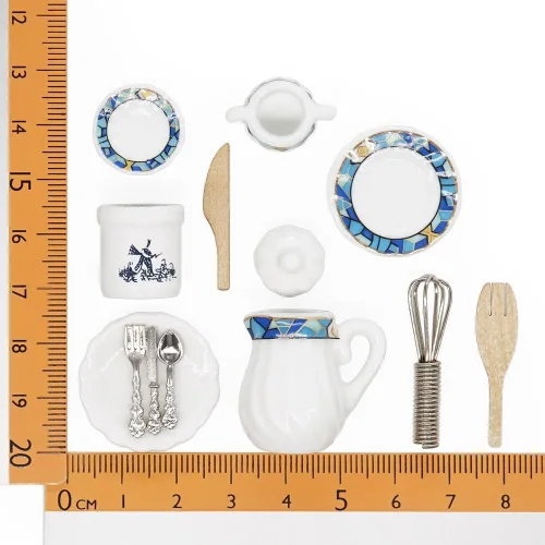 Miniatura 4 de Odoria 1/12 Juego de té de porcelana en miniatura Platos y cubiertos Utensilios de cocina Accesorios para casa de muñecas, azul mediterráneo