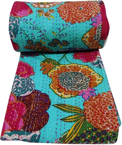 Miniatura 48 de Sophia-Art Colcha reversible de frutas indias para cama individual/king con patrón Gudri de algodón puro estilo Kantha, colcha decorativa con Rosa