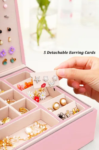Miniatura 59 de Joyero de pendientes para mujeres y niñas, organizador de aretes de 5 capas, caja organizadora de joyas blanca con candado, collares y aretes