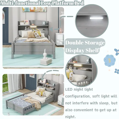 Miniatura 5 de Bellemave Base de cama individual con cabecera de almacenamiento y rieles para vallas, camas de plataforma baja de madera con luz LED y soporte
