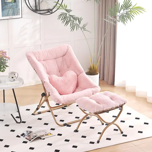 Miniatura 12 de Silla Platillo con Otomán, Cómoda Silla Plegable de Gran Tamaño, Silla de Lectura de Piel Sintética para Adultos, Silla Perezosa Plegable de Acento