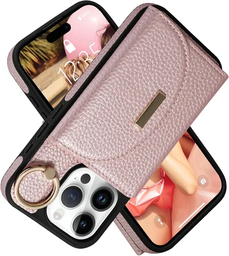 Miniatura 31 de Funda tipo cartera para iPhone 15 Pro de 6.1'', funda plegable con ranuras para tarjetas, soporte con anillo y atril, cubierta protectora tipo folio