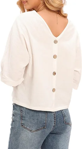 Miniatura 3 de LNX Camisas de lino con botones y cuello en V para mujer, blusas casuales de verano