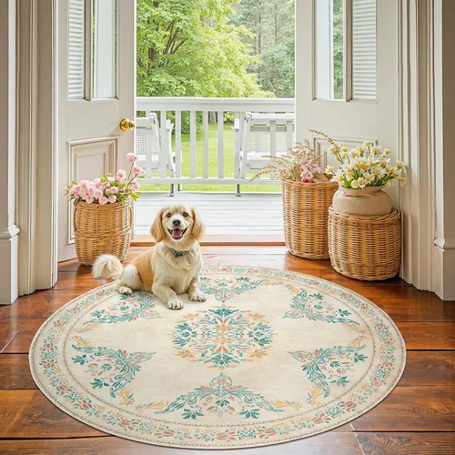 Miniatura 58 de Jinchan Fiora - Alfombra redonda de 8 pies, alfombras vintage con diseño floral envejecido, lavable a máquina, antideslizante, de pelo bajo, Azul