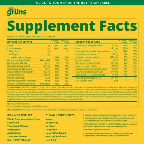Miniatura 3 de Gruns Multivitamínico para niños, gomitas Super Greens, más de 20 vitaminas y minerales, espirulina, clorella, alfalfa, fibra prebiótica