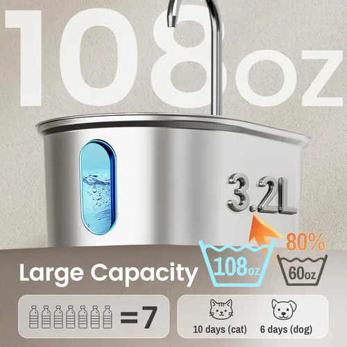 Miniatura 3 de Fuente de agua para gatos de acero inoxidable, dispensador automático de agua para mascotas de 108 onzas / 3.2 L con bomba ultra silenciosa, apagado
