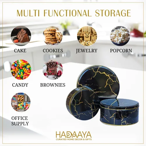 Miniatura 4 de Paquete de 3 latas redondas de metal para anidar – Contenedores apilables con tapas para galletas, dulces, aperitivos, manualidades y almacenamiento