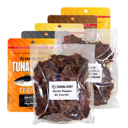 Miniatura 11 de Kaimana Jerky Ahi - Paquete de muestra de atún y salmón - Cecina de pescado totalmente natural y capturada en la naturaleza. Fabricado en Estados