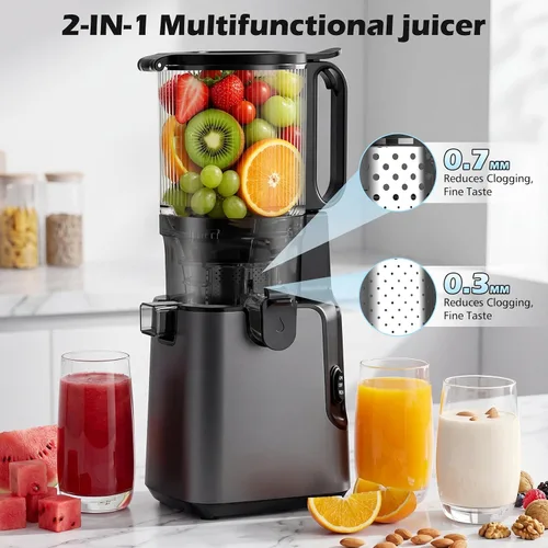 Miniatura 3 de Máquinas exprimidoras con canal de alimentación grande de 5.8 pulgadas, exprimidor de prensa en frío para verduras y frutas enteras de 400 W, Gris