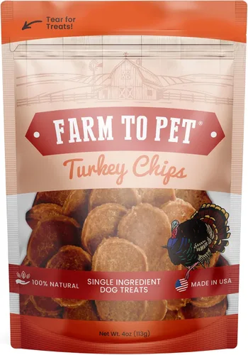 Farm To Pet Golosinas de entrenamiento para perros, papas fritas de pavo saludables para perros, 4 onzas, pechuga de pavo 100% de grado humano, todo
