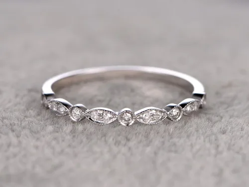 Miniatura 2 de Alianza de boda de oro blanco de 14 quilates, media eternidad, anillo de compromiso, anillo apilable, micro diamante pavé