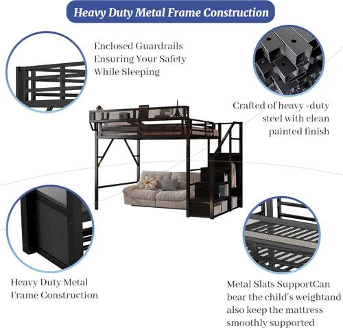 Miniatura 7 de Base de cama Queen Loft con escaleras y almacenamiento, marco de cama de metal resistente, capacidad de 800 libras, para adultos y adolescentes