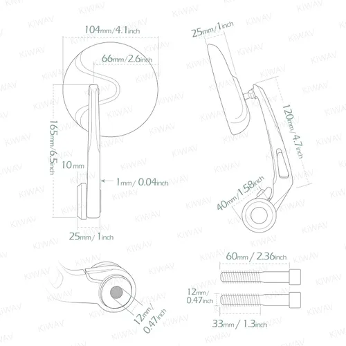 Miniatura 4 de KiWAV Espejos de extremo de barra de motocicleta negros retro forjados CNC aluminio cromo lente convexa M12 ajuste atornillado