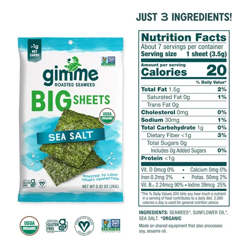 Miniatura 4 de Gimme Hojas grandes de algas marinas tostadas orgánicas de alta calidad, sal marina, keto, vegano, sin gluten, gran fuente de omega3 y yodo