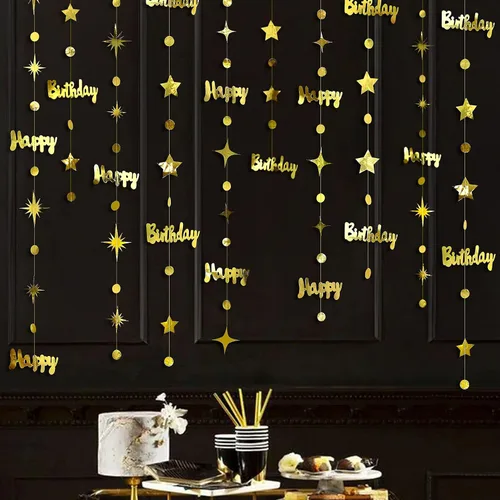 Miniatura 7 de Decoraciones doradas de feliz cumpleaños con diseño de círculos de feliz cumpleaños, guirnalda de estrellas centelleantes metálicas, para colgar