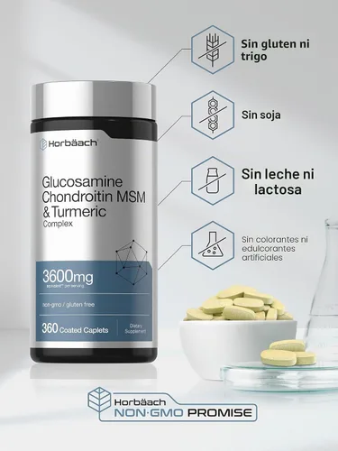 Miniatura 5 de Horbäach Glucosamina condroitina MSM 3600 mg 360 comprimidos Fórmula avanzada con cúrcuma Sin OMG, sin gluten Fórmula avanzada con cúrcuma