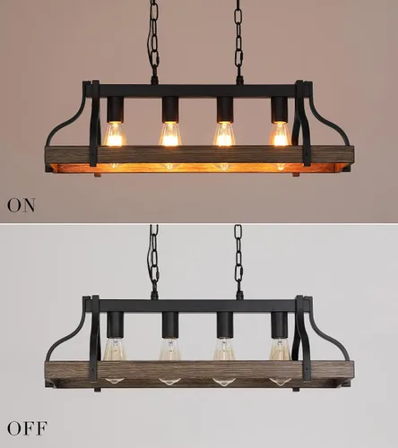 Miniatura 7 de MEIXISUE Lámpara rústica para isla de cocina, comedor, candelabro lineal estilo granja, acabado negro y madera retro, 4 luces, lámpara colgante