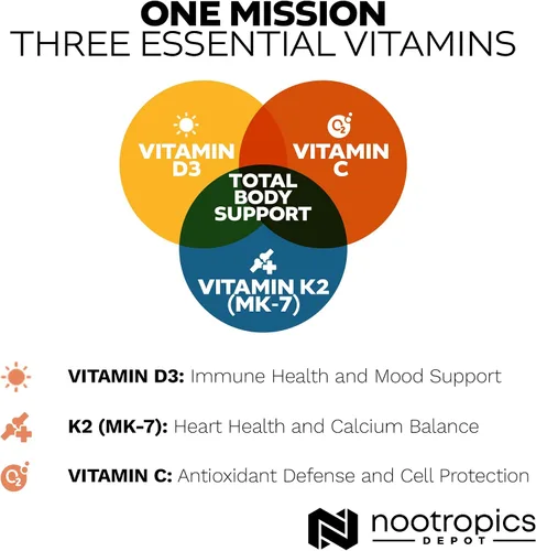 Miniatura 5 de Nootropics Depot Vitamina D3 + K2 con tabletas de vitamina C 365 unidades 125μg Equivalente a 5000 UI Año de suministro
