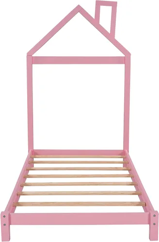 Miniatura 9 de Cama de plataforma de madera de tamaño individual con cabecera en forma de casa, plataforma única para niños y niñas, no requiere somier