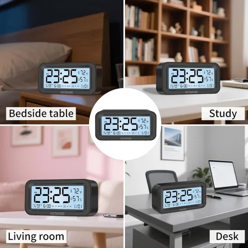 Miniatura 7 de Reloj despertador digital con luz nocturna, funciona con pilas, con temperatura interior y humedad, reloj pequeño de escritorio, modelo con función