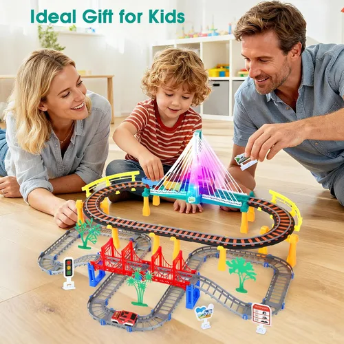 Miniatura 7 de Juego de Pistas de Tren Eléctrico DIY 2 en 1 para Niños de 4-8 Años, Juego de Pistas de Tren y Autos, Puente con Luces y Tren con Sonido, Accesorios