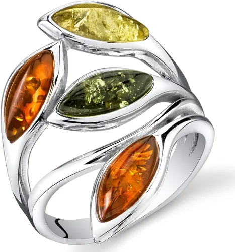 Peora Anillo genuino de hoja de ámbar báltico para mujer, plata de ley 925, coñac rico, verde oliva, colores amarillo miel, tamaños 5 a 9, Metal