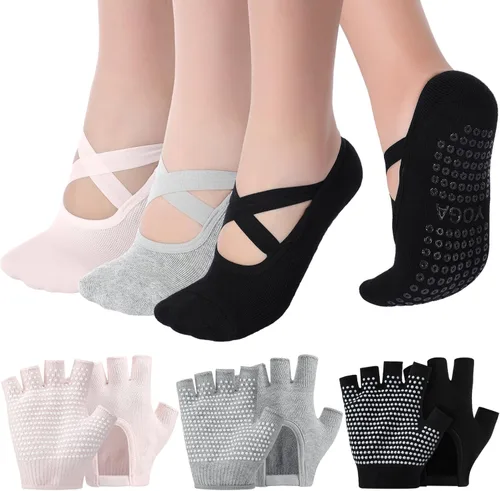 Shihanee 6 pares de guantes de yoga antideslizantes para pilates, con agarre para mujer, guantes de silicona con agarre de puntos, calcetines sin