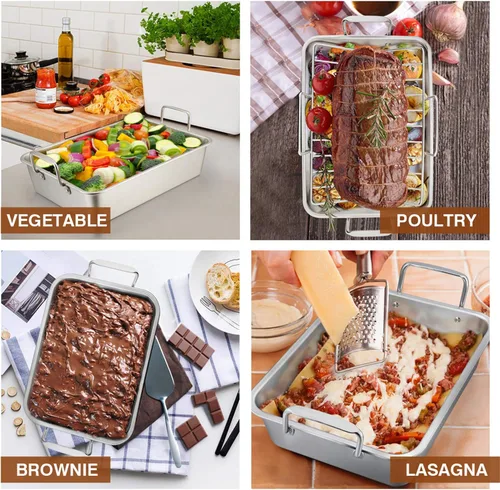 Miniatura 5 de P&P CHEF Bandeja Asadora de 14 pulgadas con rejilla para hornear y rejilla en forma de V, bandeja rectangular de acero inoxidable para lasaña