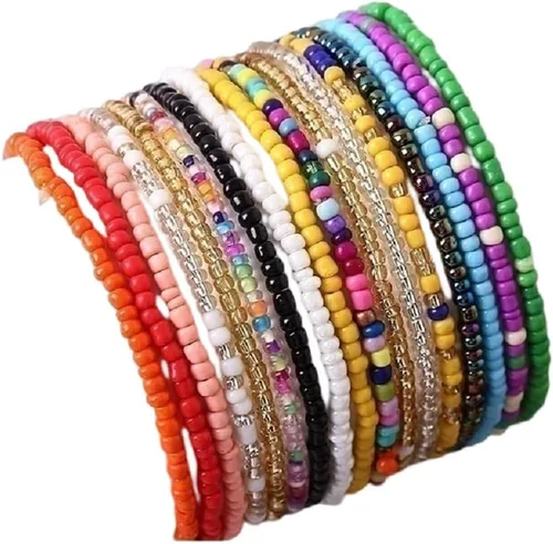 17 pulseras elásticas con cuentas hechas a mano, bohemias, apilables, elásticas, coloridas pulseras bohemias para playa, juego de pulseras de playa