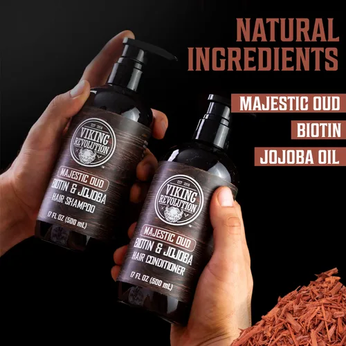 Miniatura 4 de Viking Revolution Majestic Oud - Juego de champú y acondicionador para hombre con biotina y aceite de jojoba, champú natural para el cabello