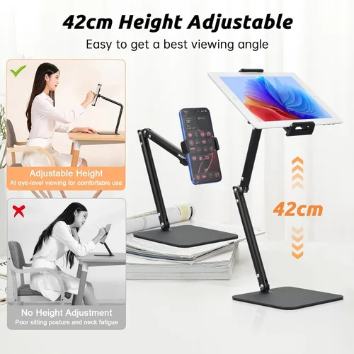 Miniatura 2 de UTEBIT Soporte para iPad para escritorio, giratorio de 360°, soporte de teléfono ajustable de 9.5 a 16.5 pulgadas de altura para escritorio, Negro