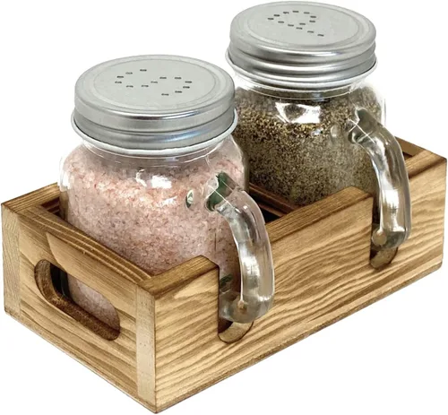 Miniatura 7 de Juego de salero y pimentero Mason Jar - Juego de salero de vidrio con soporte de madera, fácil de limpiar y rellenar para mesa de cocina de granja