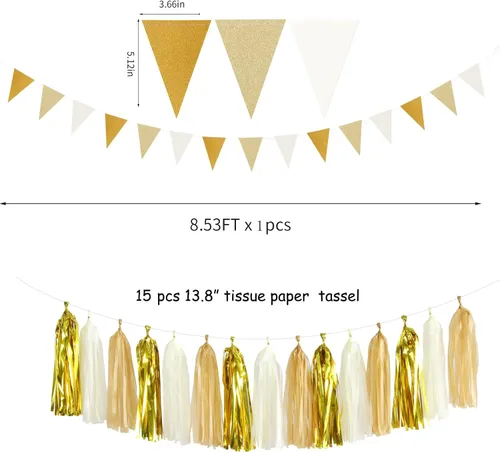 Miniatura 3 de Decoraciones de Fiesta de Champán de Oro Blanco - 23 piezas Pompones de Papel de Seda Serpentinas, Guirnalda de Borlas de Boda de Compromiso