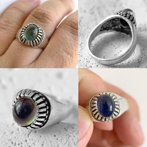 Miniatura 2 de THJEW Juego de 4 anillos de piedras preciosas naturales retro, juego de anillos de piedra real chapados en plata gruesa, regalo de joyería
