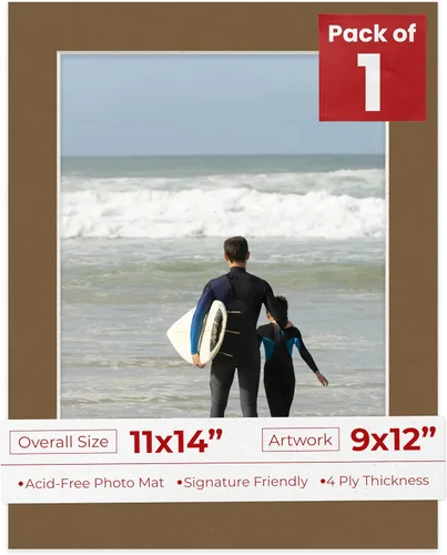 Matboard precortado marrón roble envejecido de 11 x 14 pulgadas para fotos de 9 x 12 pulgadas, sin ácidos, para fotos, marcos, grosor de 4 capas