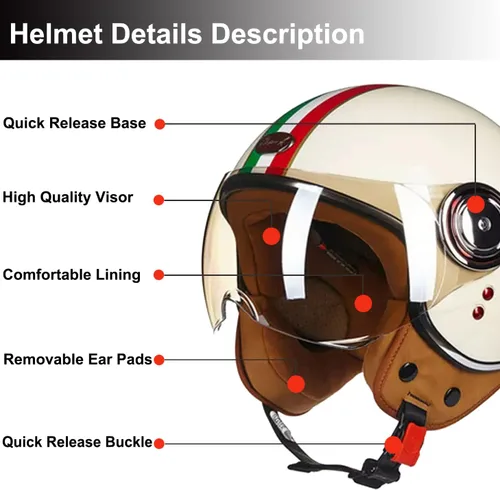 Miniatura 4 de Casco de motocicleta aprobado por el DOT, casco retro 3/4 de cara abierta con visera, casco vintage para scooter para mujeres y hombres adultos